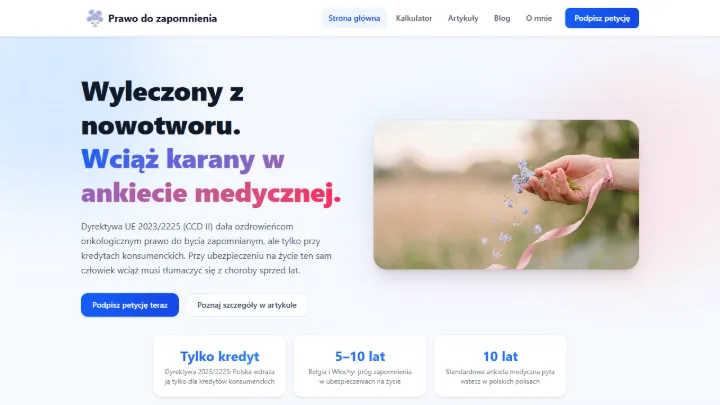 Strona główna prawodozapomnienia.pl: nagłówek „Wyleczony z nowotworu. Wciąż karany w ankiecie medycznej.” i przycisk podpisania petycji.