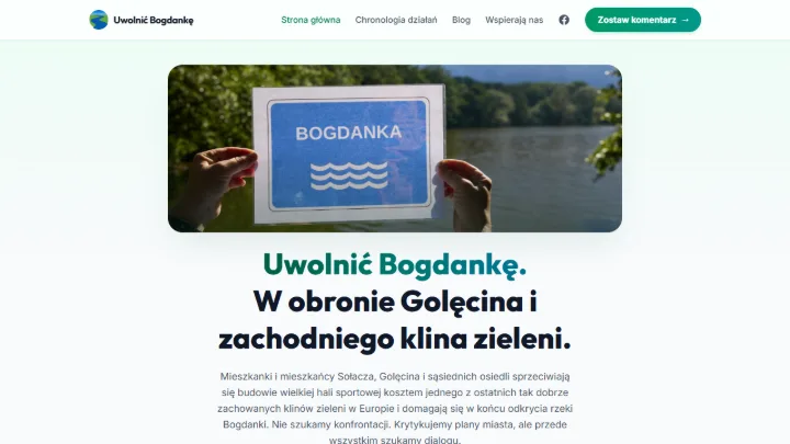 Strona główna uwolnicbogdanke.pl: zdjęcie tabliczki z napisem „Bogdanka” nad wodą i nagłówek „Uwolnić Bogdankę. W obronie Golęcina i zachodniego klina zieleni.”